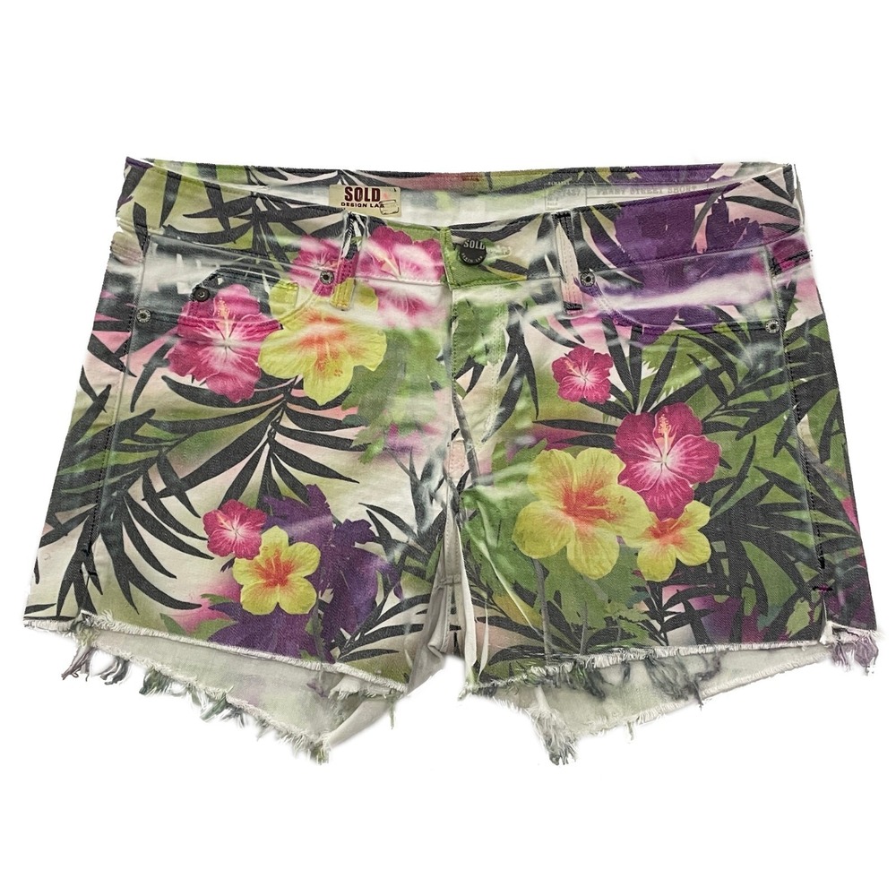 Tropical Jean Shorts Palm Leaves Women's Waist 33" Hybiscus Flowers